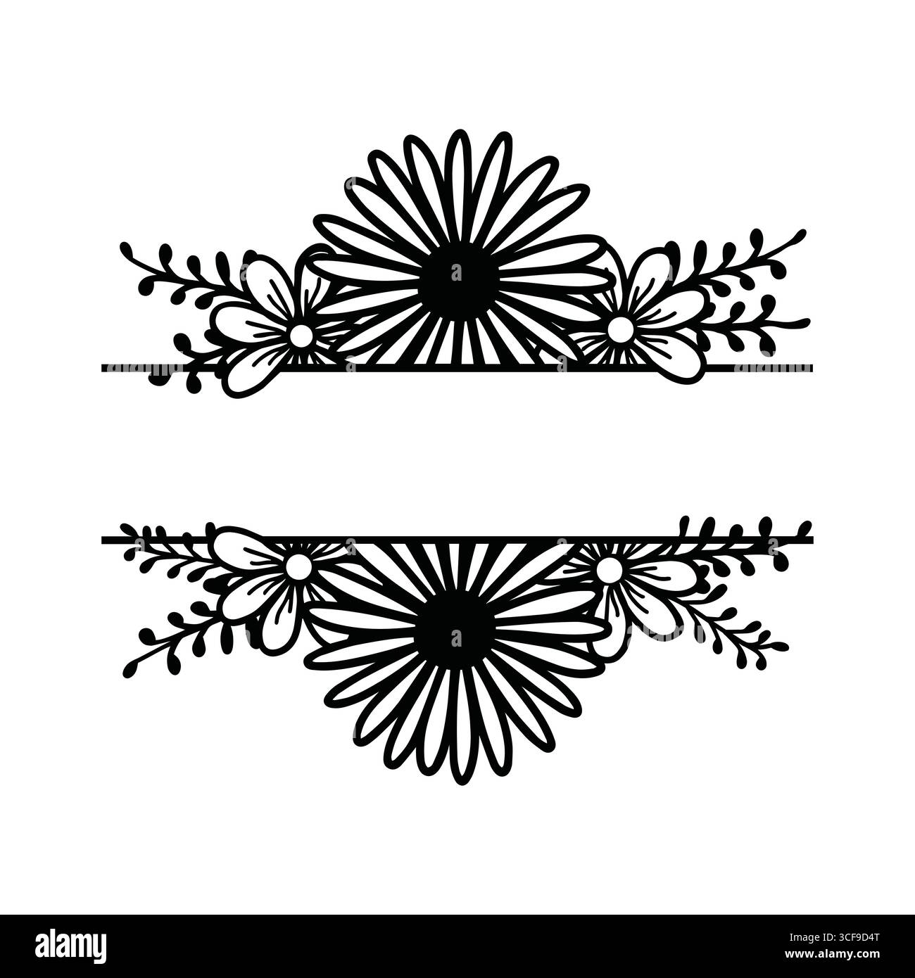 Geteilter Monogrammrahmen der Sonnenblume. Blume Rahmen mit Gänseblümchen oder Sonnenblumen Vektor Illustration Stock Vektor