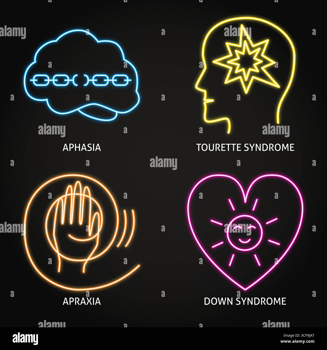 Neonsymbole für Neurodiversität. Aphasie, Tourette-Syndrom, Down-Syndrom, Apraxie. Vektorabbildung Stock Vektor