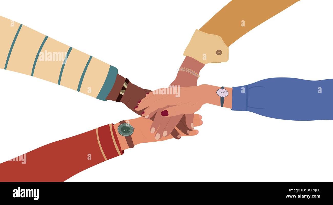 Hände in einem Kreis gestapelt zeigen, dass die Teamarbeit bei Kollegen und Kollegen durch Vielfalt unterstützt wird Stock Vektor