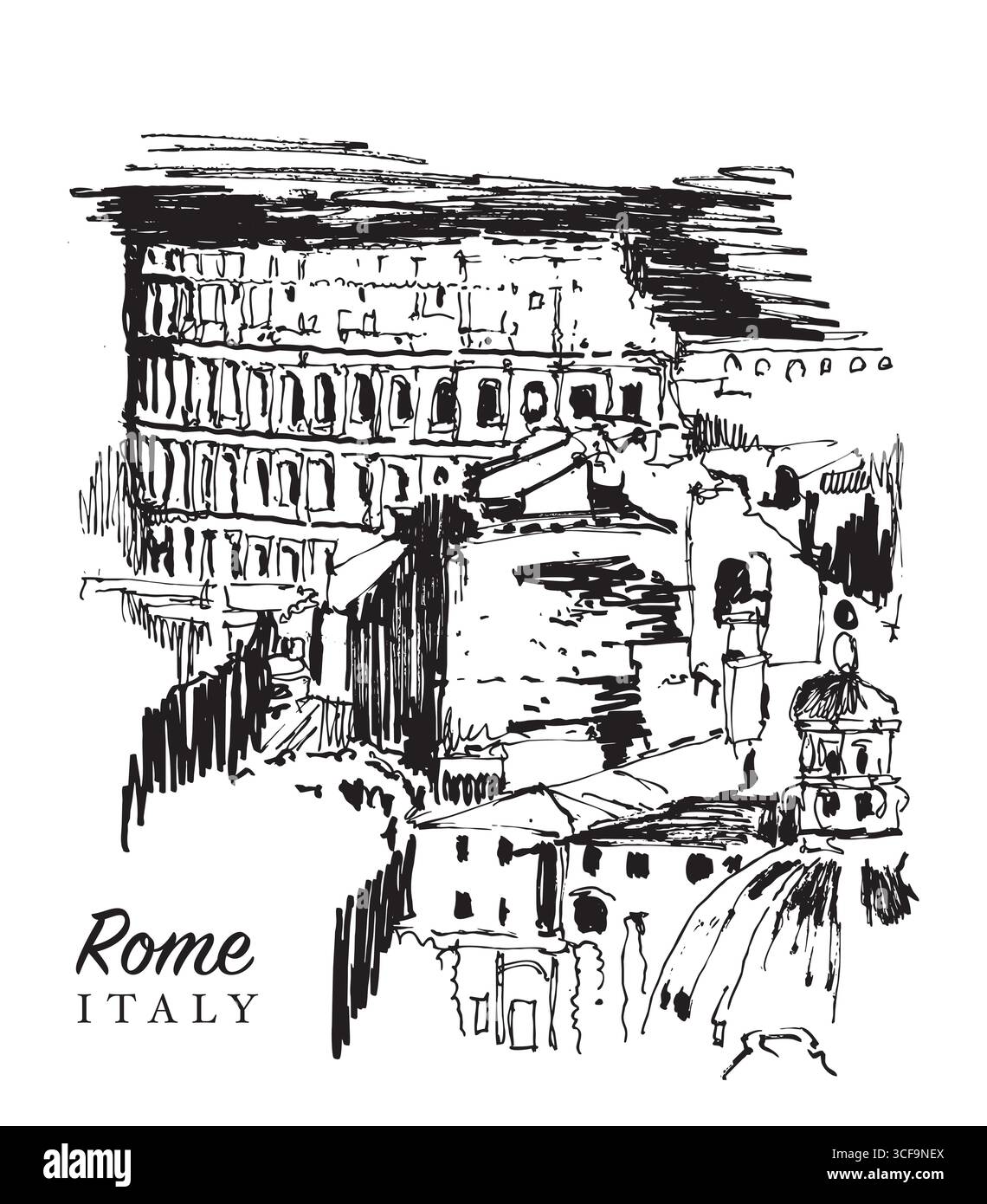 Vektor-handgezeichnete Skizze Illustration eines Panoramablicks auf Rom und das Kolosseum Stock Vektor
