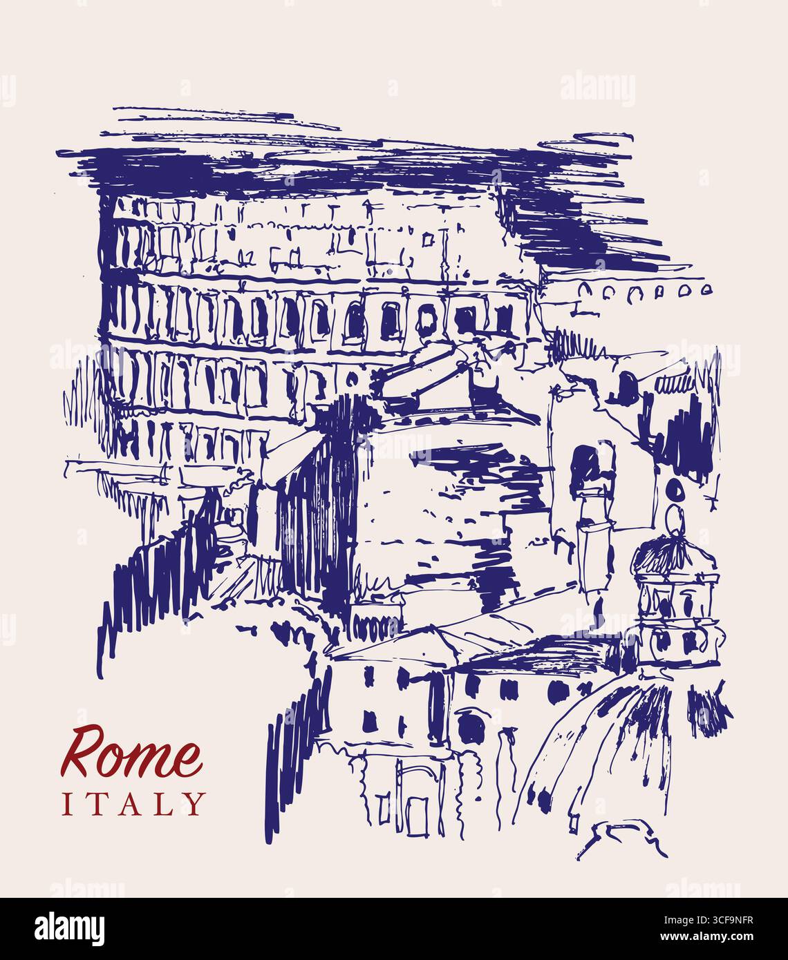 Vektor-handgezeichnete Skizze Illustration eines Panoramablicks auf Rom und das Kolosseum Stock Vektor