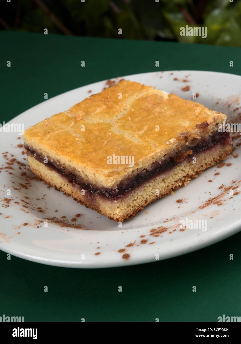 Nahaufnahme eines köstlichen quadratischen gebackenen Desserts auf einem weißen Teller mit dunkler Füllung Stockfoto