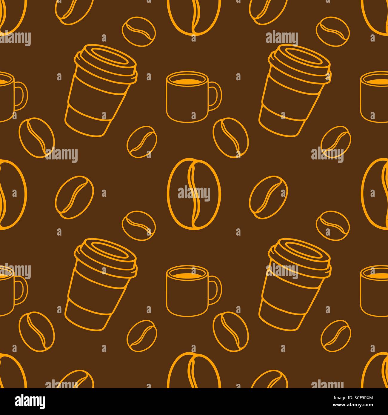 Nahtloses Vektormuster mit einer verspielten Anordnung von Kaffeetassen und Bohnen in einem warmen Braun- und Orange-Farbschema, ideal für Café-Branding oder c Stock Vektor