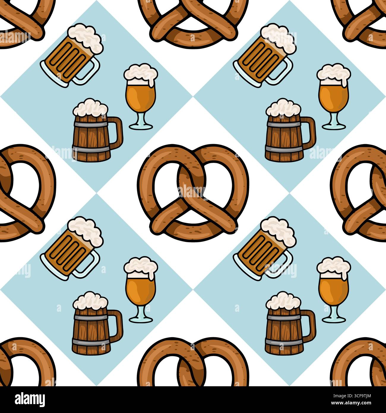 Nahtloses Vektormuster mit bayerischen Brezeln und Bierbecher auf hellblauem und weißem diagonalem Hintergrund, perfekt für Oktoberfestfeiern Stock Vektor