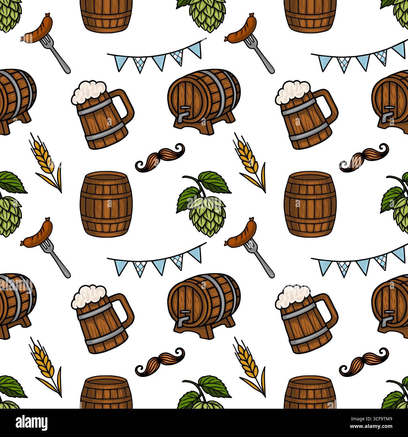 Nahtloses Vektormuster mit Oktoberfest Elements Bierbecher, Fässer, Hopfen, Würstchen, Schnurrbärte, und bayerische Fahnen, die ein festliches und fröhliches ich schaffen Stock Vektor