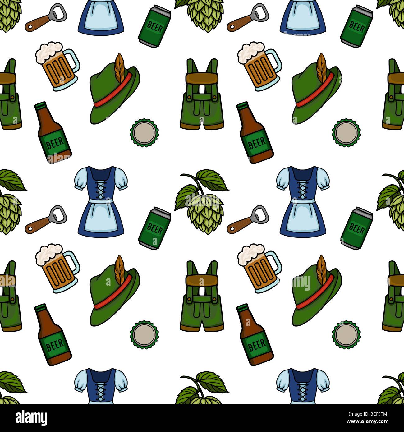 Nahtloses Vektormuster mit Oktoberfest Elements Bierbecher, Lederhosen, Dirndl, Hopfenzapfen, Flaschenöffner, und Bierdosen, entworfen in einem lebendigen C Stock Vektor