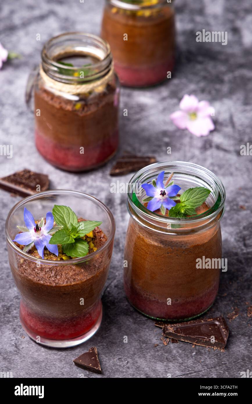 Zoe Schokoladenmousse mit Erdbeerpüree, garniert mit essbaren Blumen und Minze in Glasgläsern. Elegantes Dessertdesign vor grauem Hintergrund. Stockfoto