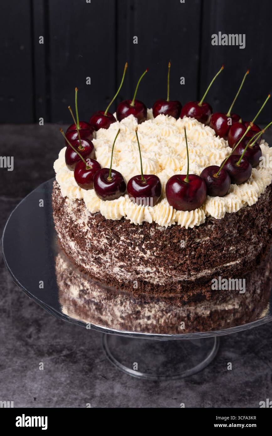 Schwarzwald-gâteau auf reflektierendem Standfuß, gekrönt mit Schlagsahne und Kirschen, umrandet mit Schokoladenspänen. Moody, elegantes Dessert-Design. Stockfoto