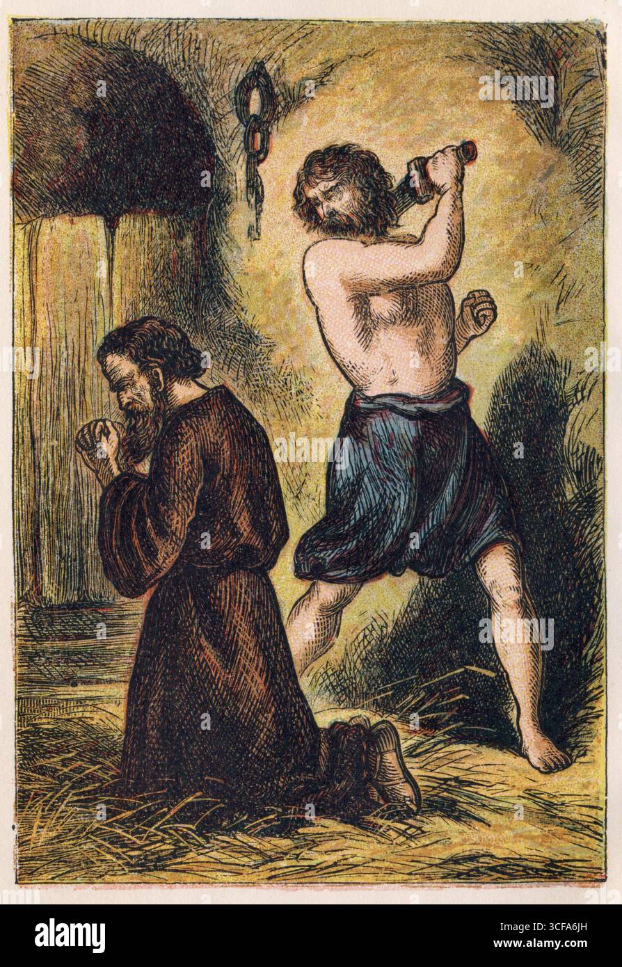 Martyrium des heiligen Paulus durch Enthauptung, illustriert von Joseph Martin Kronheim für Foxes Märtyrerbuch. Die Hinrichtungsszene zeigt Paulus im Gebet kniend, während das Schwert vom römischen Henker angehoben wird. Historischer religiöser Stich aus dem 19. Jahrhundert. Stockfoto