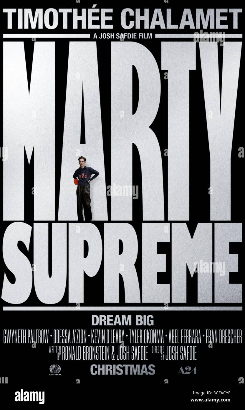 Arty Supreme (2025) unter der Regie von Josh Safdie mit Timothée Chalamet, Gwyneth Paltrow und Odessa A’zion in den Hauptrollen. Ein bevorstehendes Sportabenteuer-Comedy-Drama über ein Ping-Pong-Wunderkind, inspiriert von der Legende von Marty Reisman. US-Poster NUR FÜR REDAKTIONELLE ZWECKE. Quelle: BFA / A24 Stockfoto