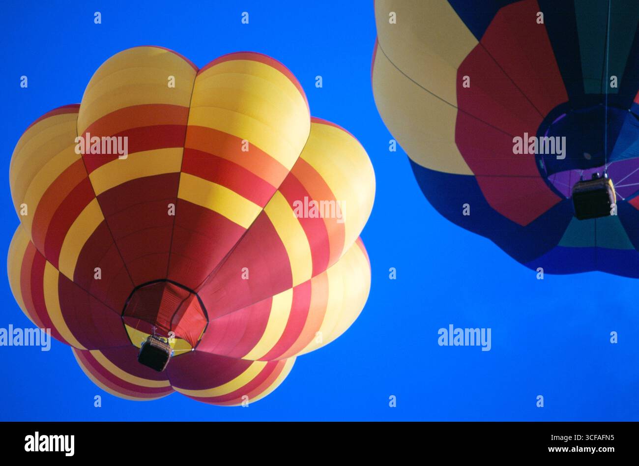 Heißluftballons fliegen am klaren blauen Himmel bei der Kodak Albuquerque International Balloon Fiesta 1998 in Albuquerque, Bernalillo County, New Mexico, Stockfoto