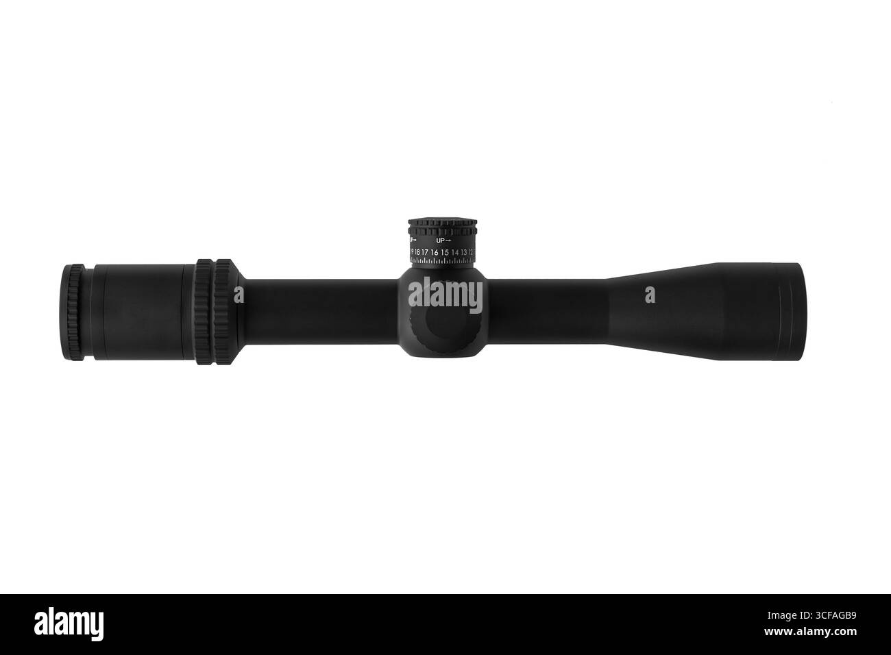 Ein langes schwarzes Gewehrfernrohr auf weißem Hintergrund. Stockfoto