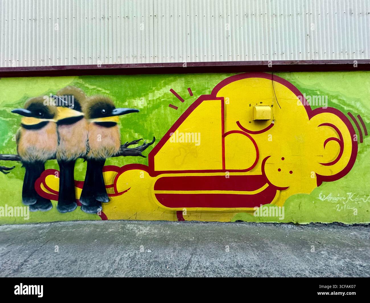 Street Art Wandgemälde mit drei Vögeln auf der Seite des Reykjavik Fish Resraurant Gebäudes in der Frakkastigur Straße. - Smartphone-aufgenommenes Stockfoto