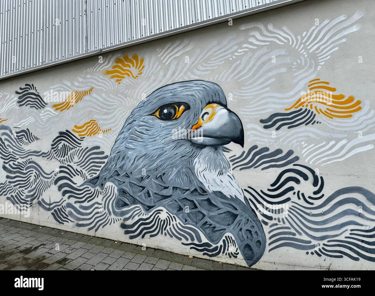 Ein Wandbild eines Gyrfalken, Islands Nationalvogel, gemalt an der Seite eines Gebäudes in Reykjavik. - Smartphone-aufgenommenes Stockfoto