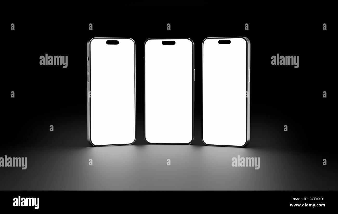 3D-Rendering-Illustration von drei Mobiltelefonen zum Modell. 3 Smartphone-Rahmen mit leerem Bildschirm auf schwarzem Hintergrund. Für Modell auf Light bac Stockfoto