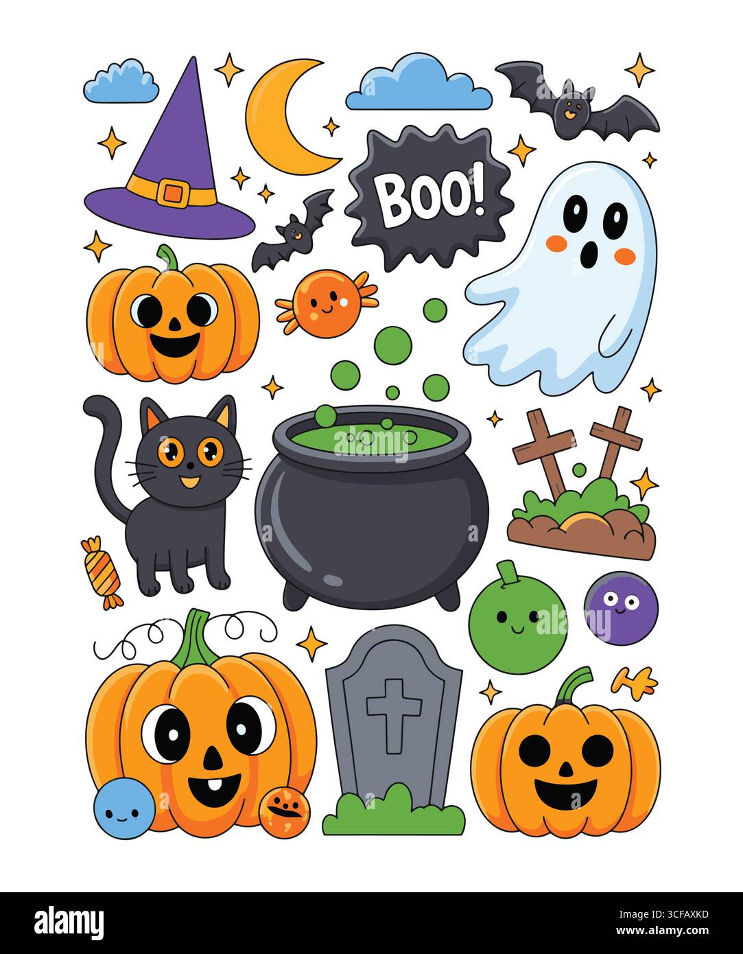 Niedliche Halloween-Aufkleber mit Hexe, Kürbissen und Geistern Stock Vektor