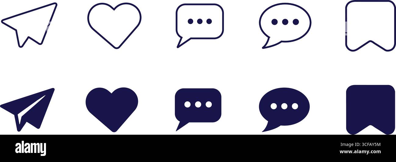 Konturierte und ausgefüllte Social-Media-Symbole – Papierebene, Herz, Chat, Lesezeichen in Dunkelblau Stock Vektor