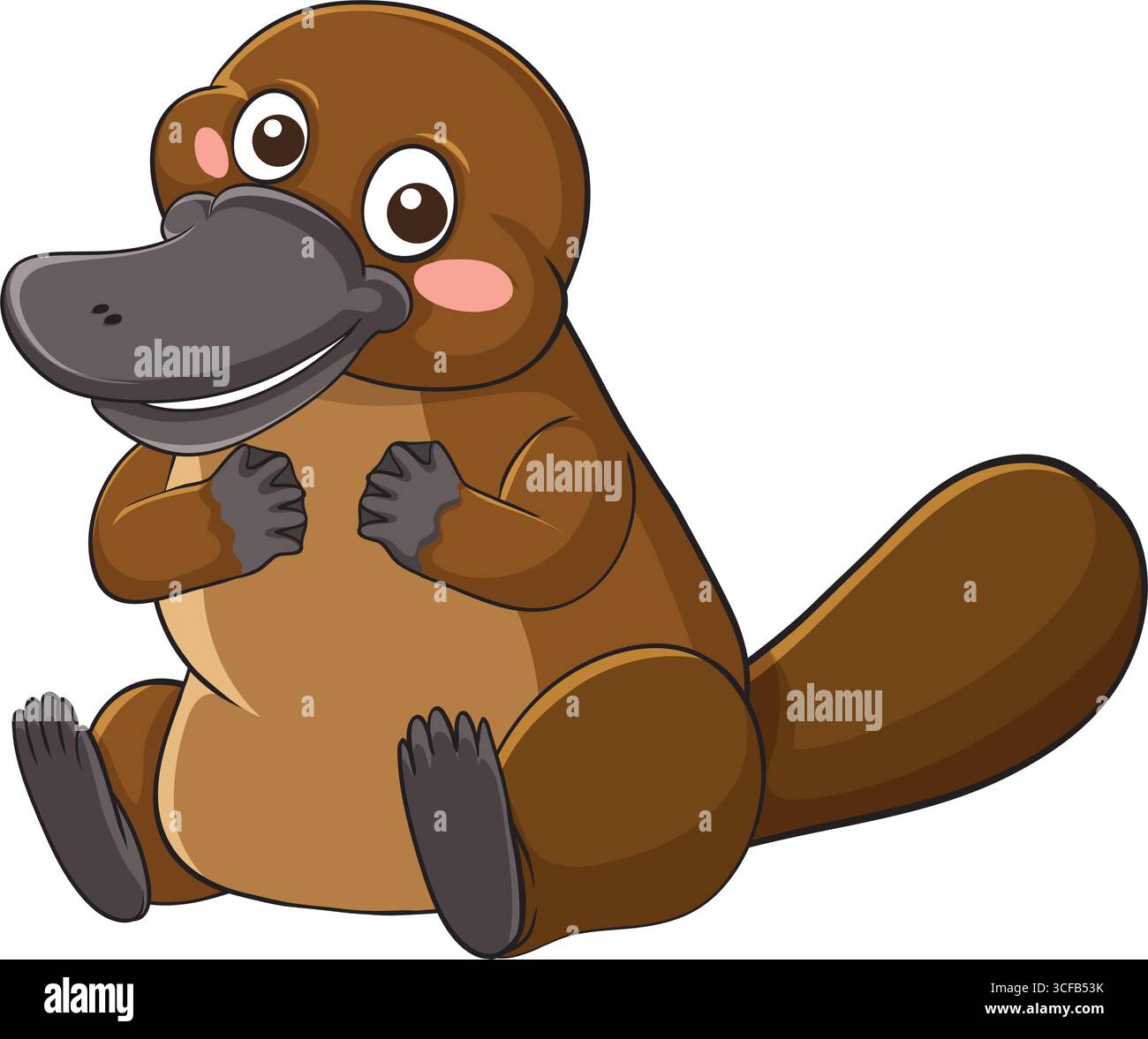 Vektor-Illustration eines fröhlichen Platypus-Charakters, der aufrecht sitzt mit einem großen Lächeln, abgerundeten Formen und einer weichen braunen Farbpalette Stock Vektor