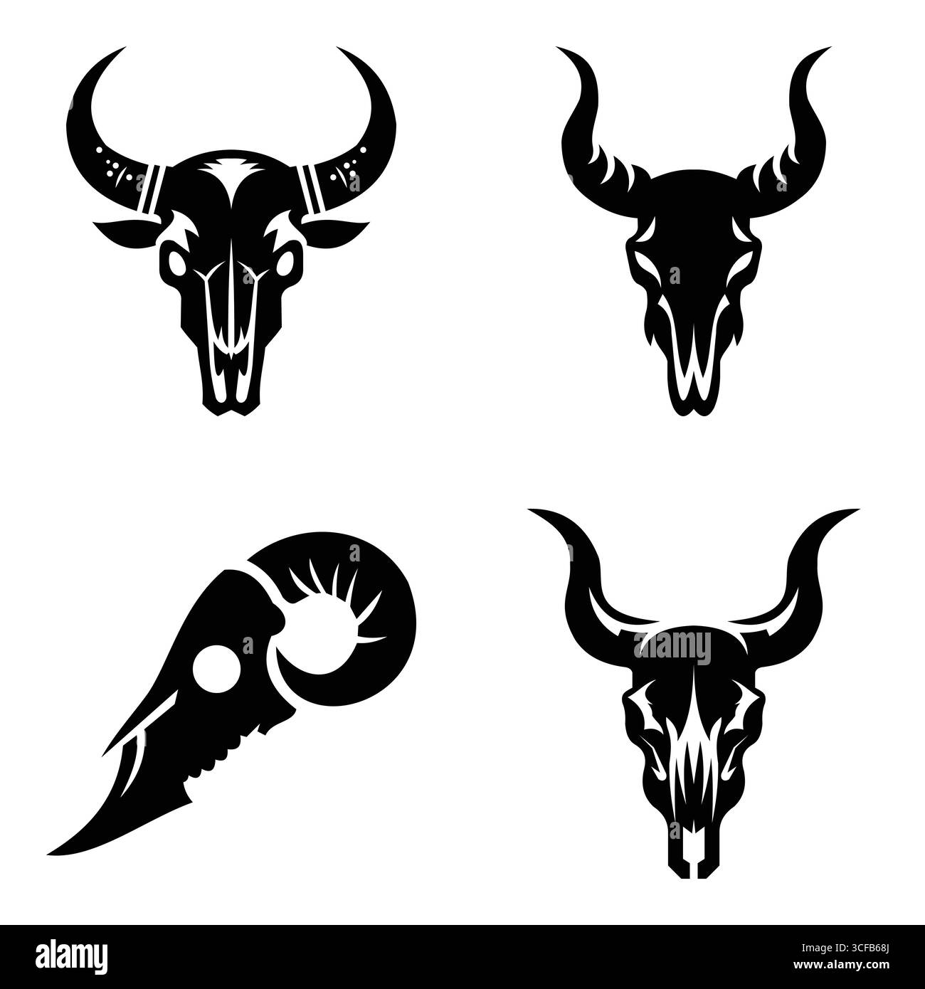 Stierkopf Schädel Silhouette Vektor Set in weiß Ad schwarz auf weißem Hintergrund Stock Vektor