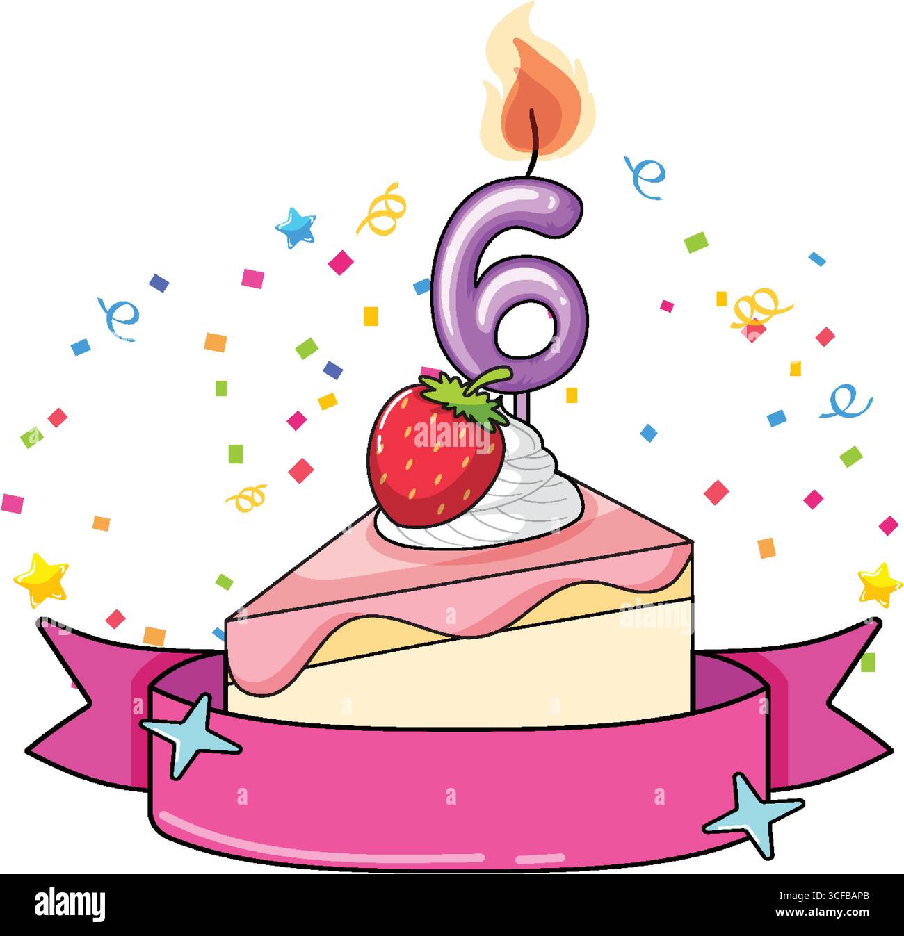 Vektor-Illustration einer Tortenscheibe mit Erdbeere, Schlagsahne und einer beleuchteten Kerze Nummer sechs, umgeben von Konfetti und einem rosa Band Stock Vektor