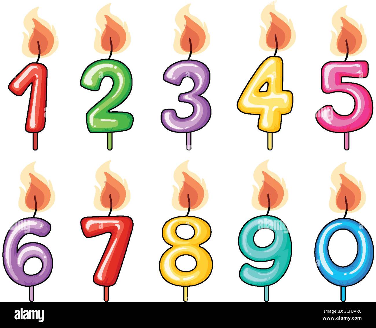 Helle Zahlenkerzen von Null bis neun mit realistischen Flammen, in zwei Reihen auf weißem Hintergrund im Cartoon-Vektor-Stil angeordnet Stock Vektor
