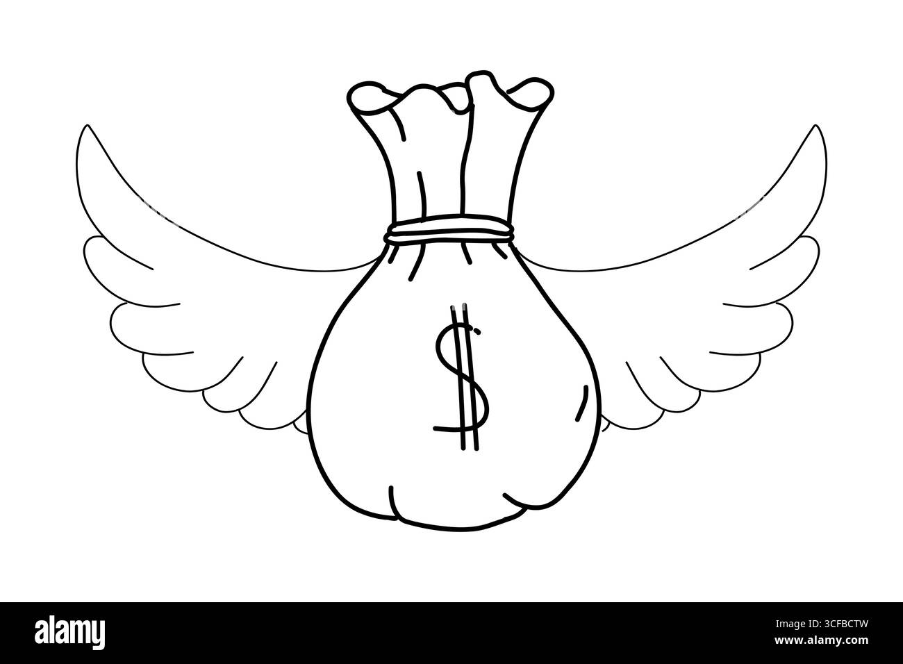 Fliegende Geldbeutel-Sack mit Flügeln Doodle Comic handgezeichnet. Dollarsymbol, Skizze Bargeld. . Vektorabbildung Stock Vektor
