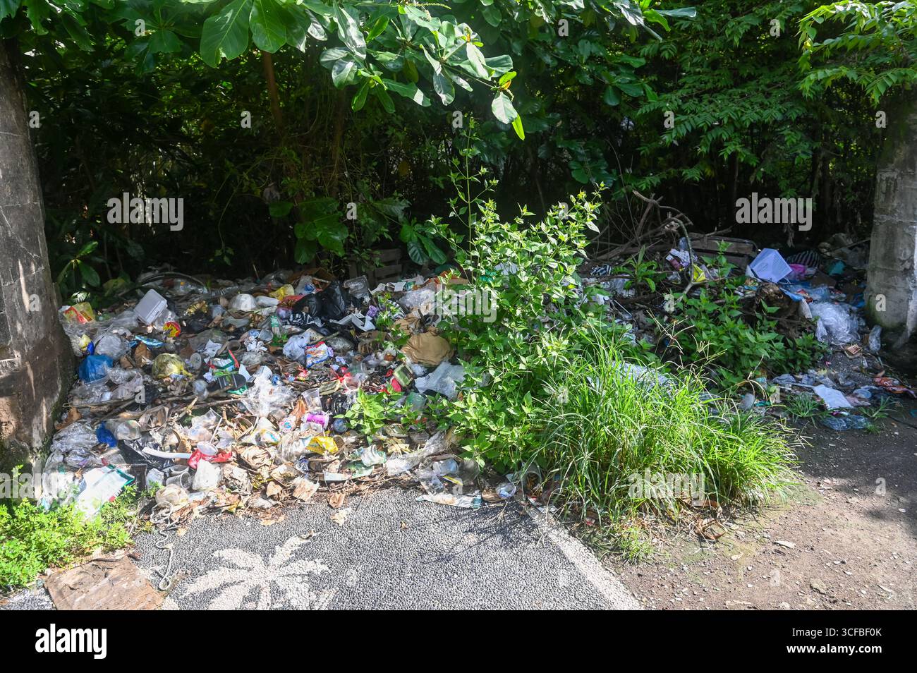 Müll und Müll verstreut auf den Straßen von Bali, Indonesien, was die Herausforderungen bei der Abfallbewirtschaftung und die Umweltauswirkungen des Tourismus hervorhebt Stockfoto