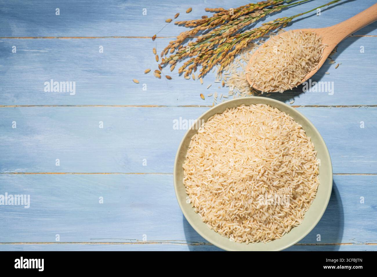 Blick von oben auf eine grüne Schüssel gefüllt mit braunem Reis, neben einem Ohr aus Reis und einem Holzlöffel, der den Reis hält. Stockfoto