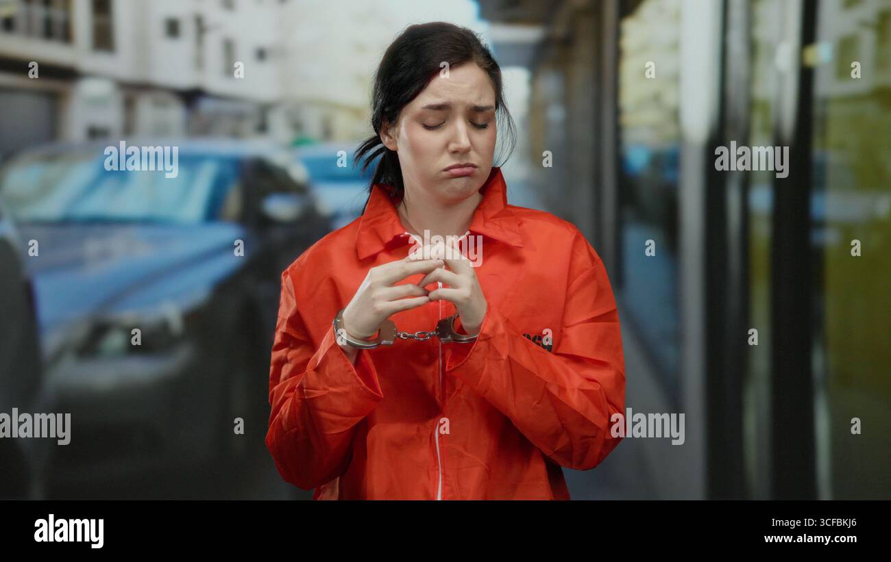 Frau mit brünetten Haaren in Gefängnisanzug und Handschellen steht draußen auf der Straße und vermittelt Emotionen und rechtliche Konsequenzen. Stockfoto
