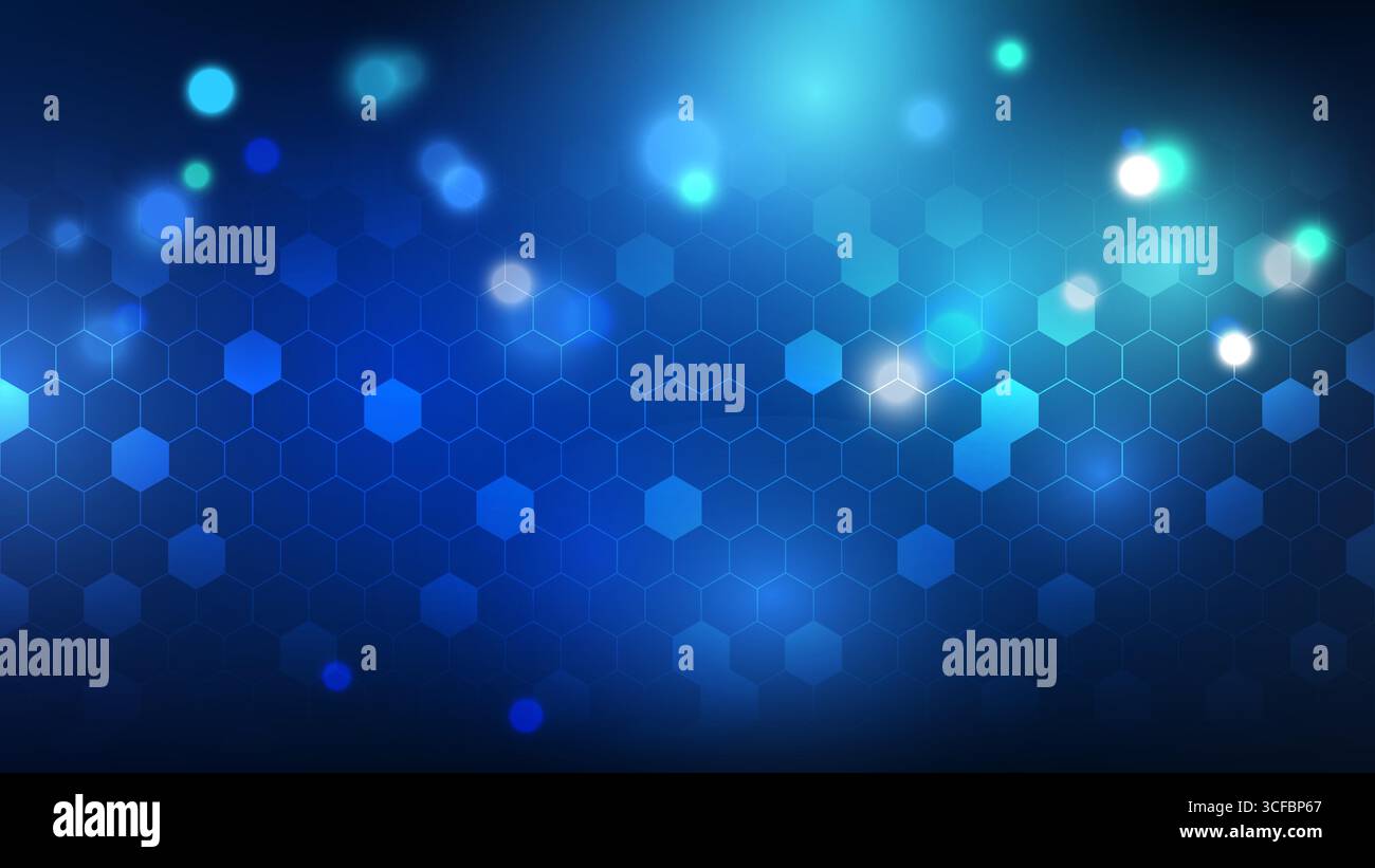 Abstrakter futuristischer blauer Wabenhintergrund mit leuchtenden Sechsecken und digitalen Bokeh-Lichtern für Technologie Cyber Network Innovation Science Stock Vektor