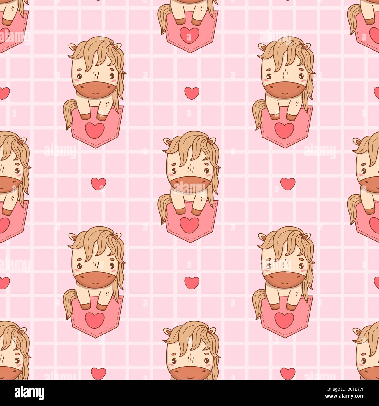 Nahtloses Muster mit niedlichem kleinen Pferd in der Tasche mit Herz auf kariertem rosa Hintergrund. Lustige, entzückende Cartoon-Romantic Animal Pony Kawaii-Charakteristik Stock Vektor