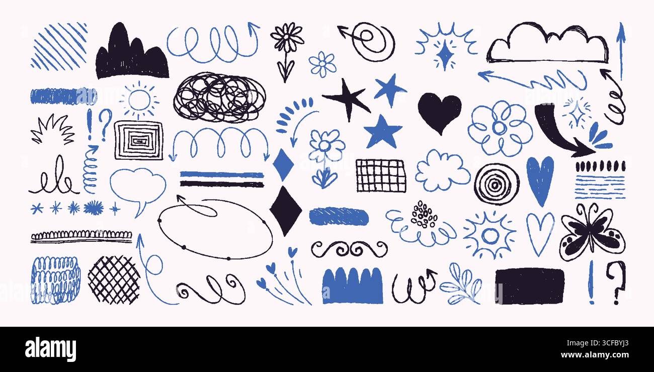 Verspielte handgezeichnete Doodle-Elemente in Blau und Schwarz auf weißem Hintergrund. Vektorskizzen-Symbole einschließlich Blumen, Sterne, Herzen, Pfeile, Kritzeleien, und Stock Vektor