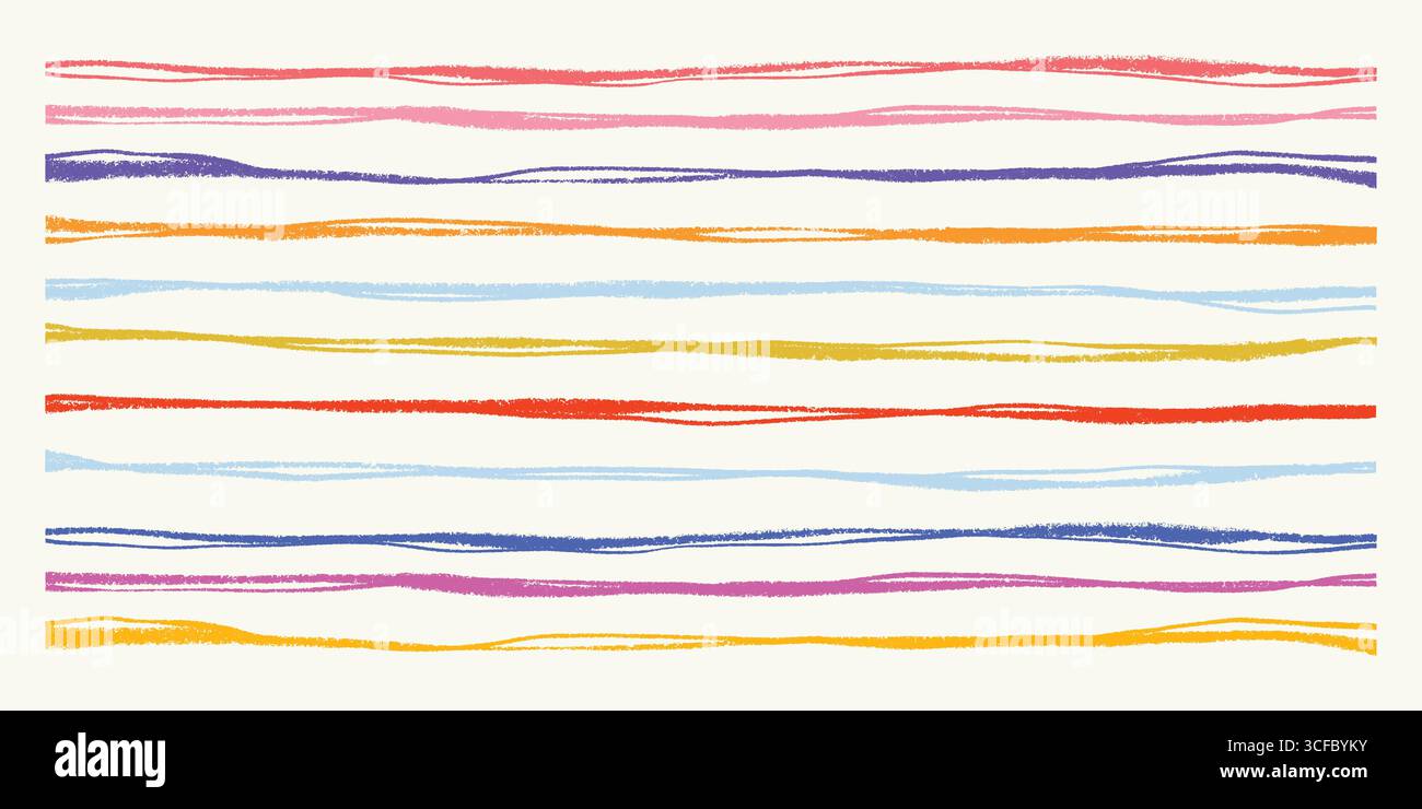 Mehrfarbige Streifen mit handgezeichneten horizontalen Pinsellinien. Regenbogenmuster mit Kritzelstreifen für Kinder, Textilien, Schreibwaren und digitale Hintergründe. Stock Vektor