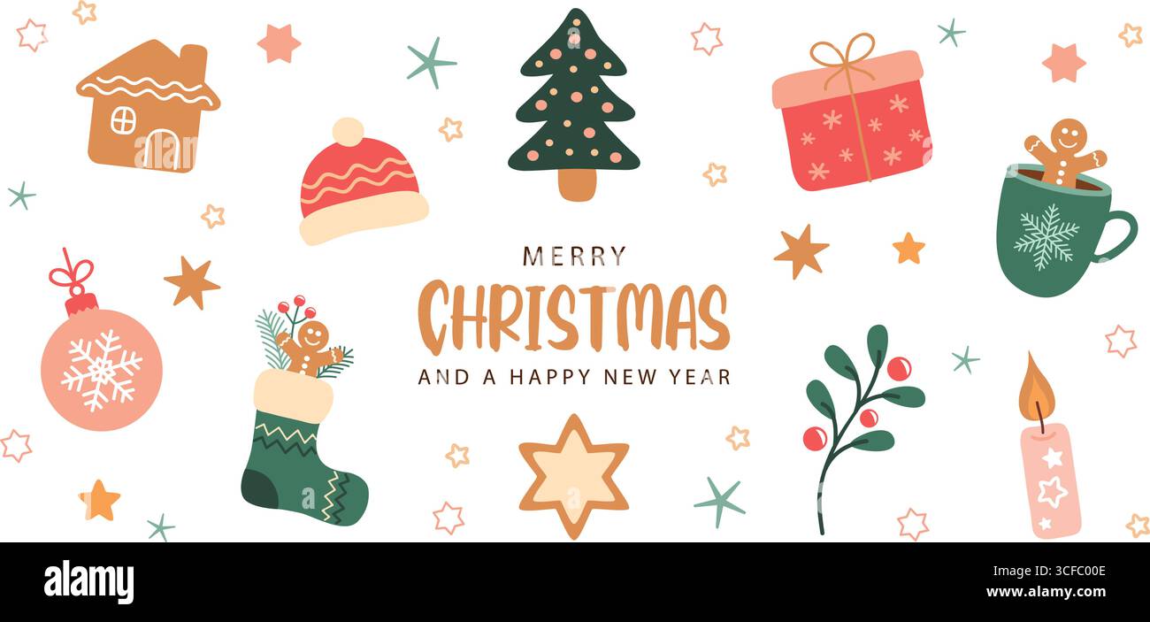 Nette weihnachtsgrußkarte mit Dekoration Winter Elemente isolierte Vektor-Illustration Stock Vektor