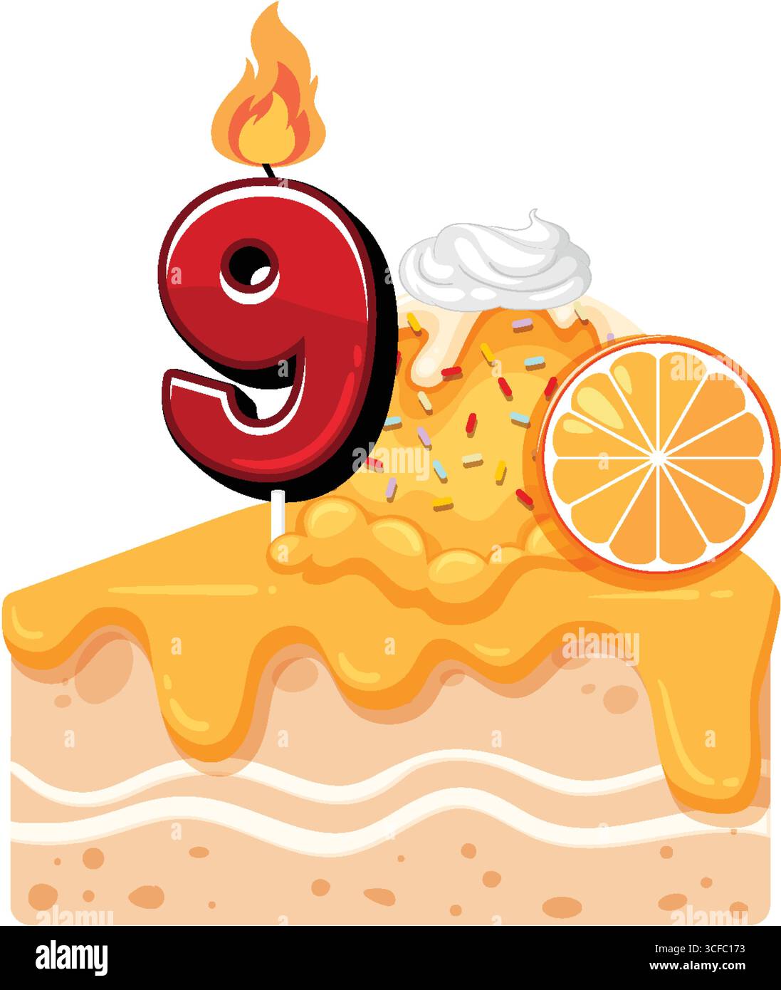Vektor-Illustration einer Tortenscheibe mit Orangenglasur, Kerze Nummer neun, Schlagsahne, Streuseln und Orangenscheibe, in einem hellen Zeichentrickstil Stock Vektor