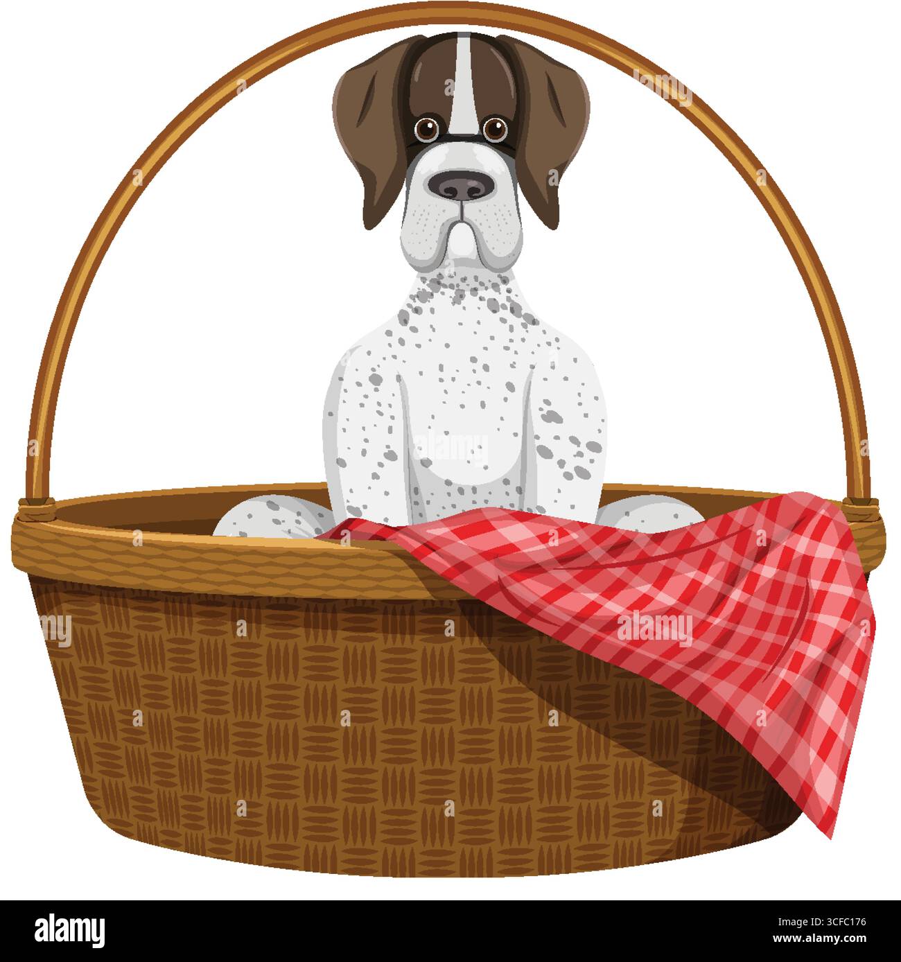 Vektor-Illustration eines gepunkteten Boxerwelpen, der aufrecht in einem gewebten Korb mit einem roten karierten Tuch sitzt, isoliert auf weißem Hintergrund Stock Vektor