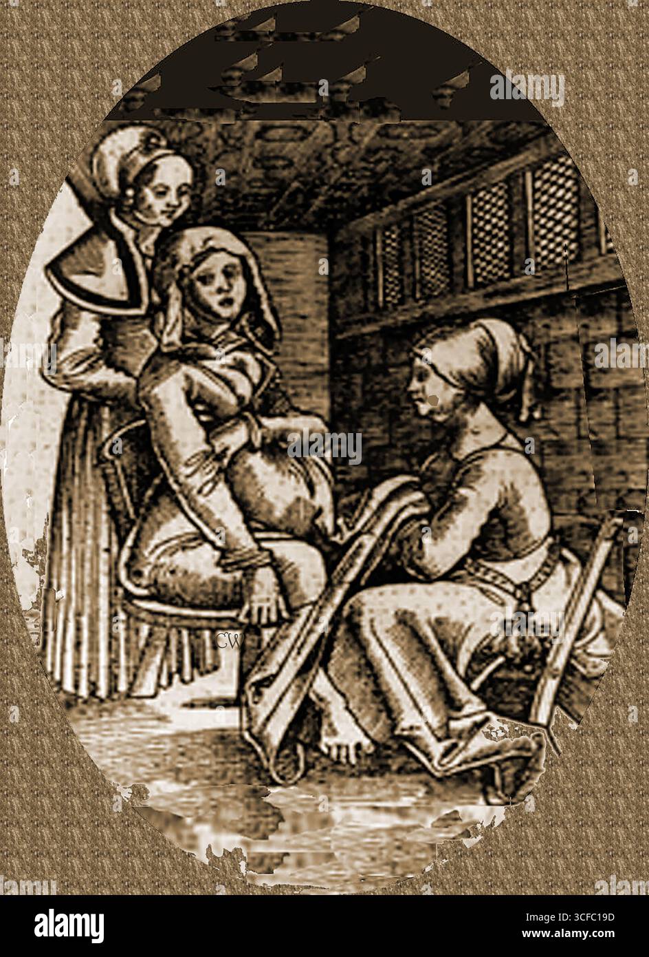 Hebamme - eine frühmittelalterliche Miniaturszene, in der Hebamme der Herrin des Herrenhauses verwaltet wird Stockfoto