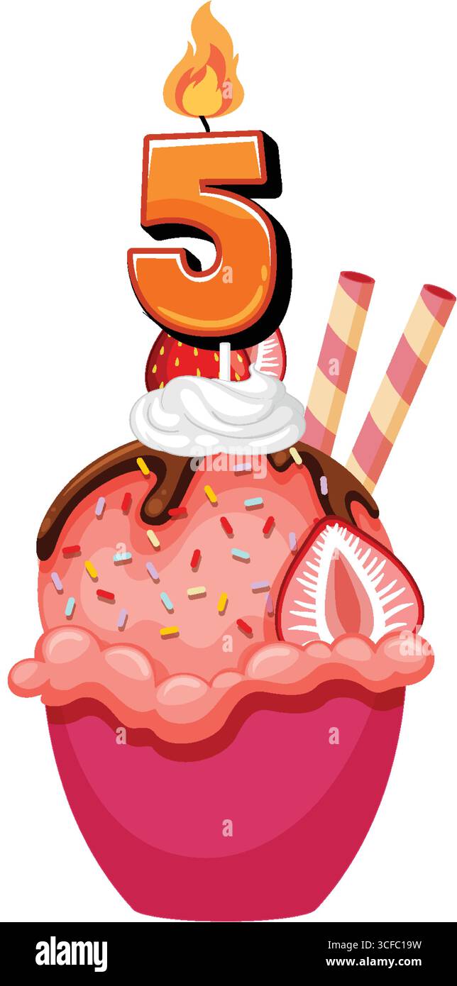 Vektor-Illustration eines rosa Erdbeereis Eisbecher mit Streuseln, Schlagsahne, Waffelstäbchen und einer brennenden Kerze Nummer fünf Stock Vektor