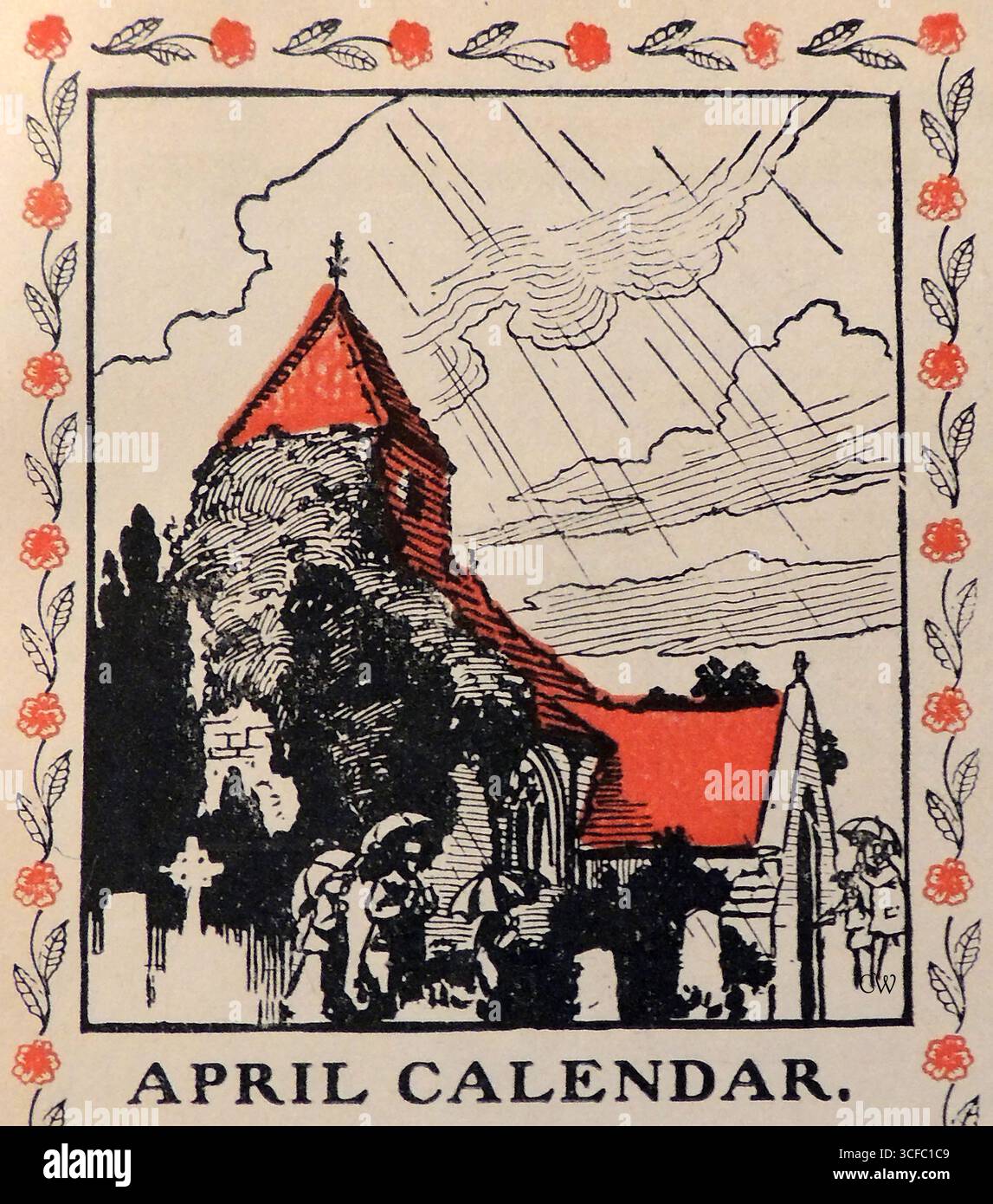 April-Duschen und Kirchgänger mit Sonnenschirmen - aus einem englischen Kalender 1908 Stockfoto