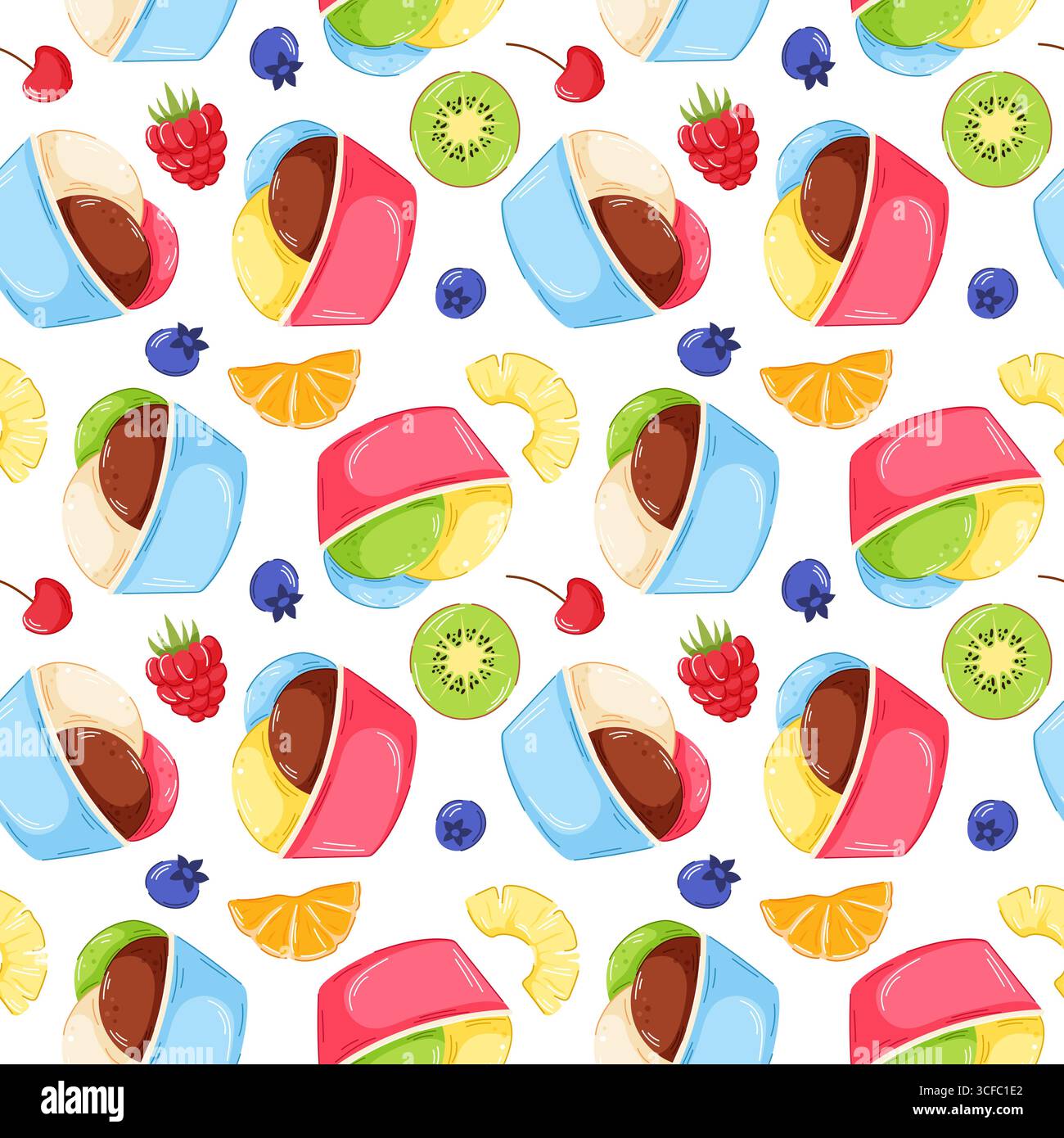Nahtloses Muster der Eiskugel im Pappbecher und frischen Früchten auf weißem Hintergrund. Perfekt für Sommermotive und Café-Tapeten. Stock Vektor