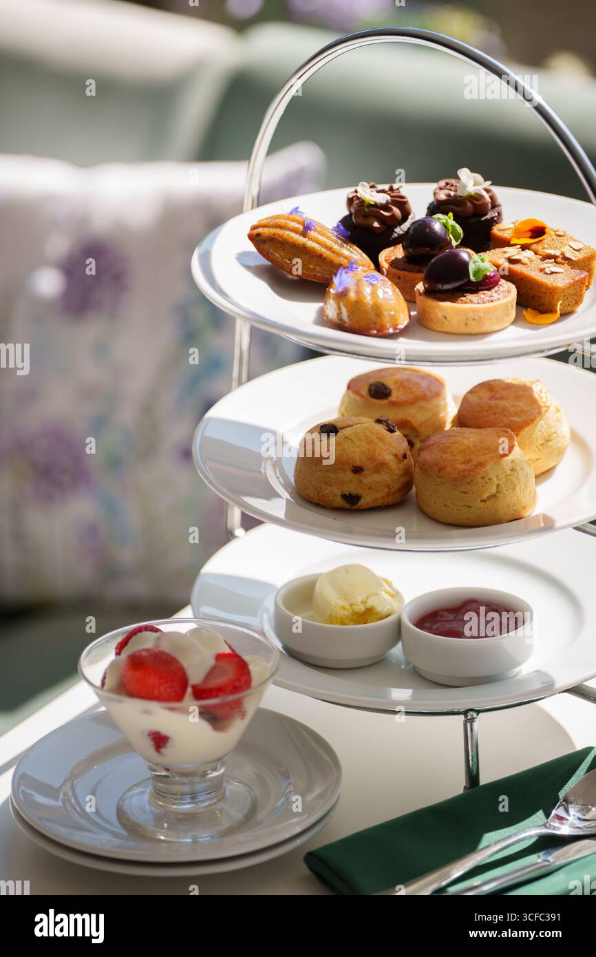 Nachmittagstee mit Scones und Kuchen Stockfoto
