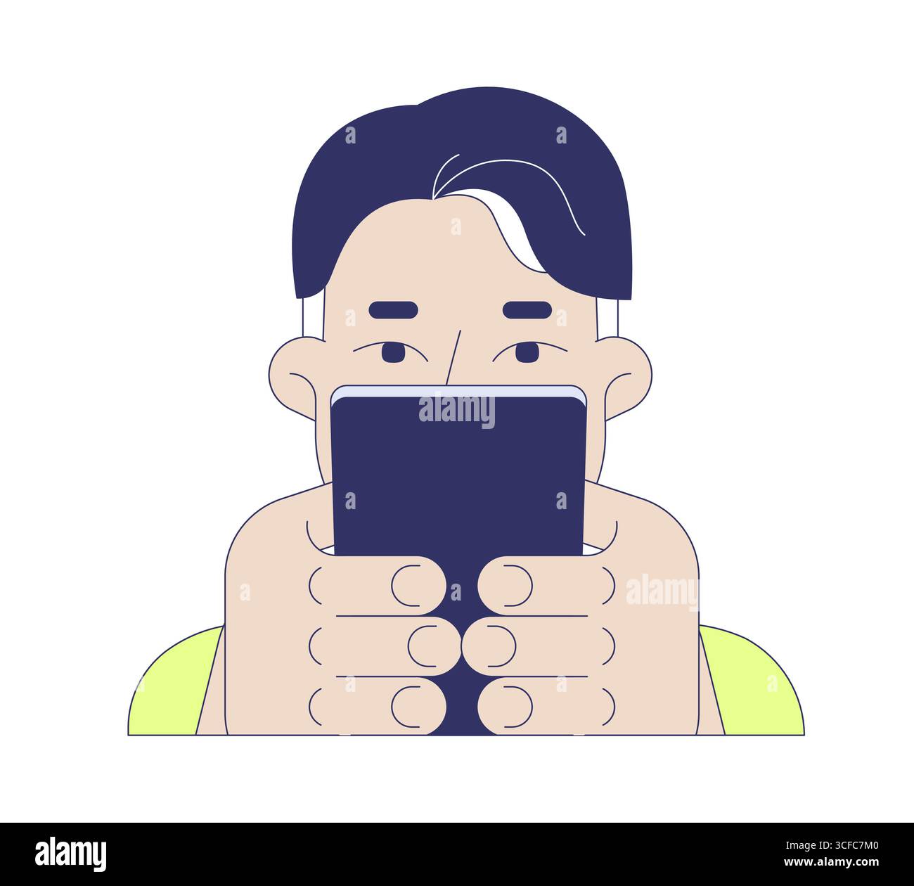 Europäischer erwachsener Mann, der genau auf den Smartphone-Bildschirm schaut 2D-Zeichentrickfigur Stock Vektor