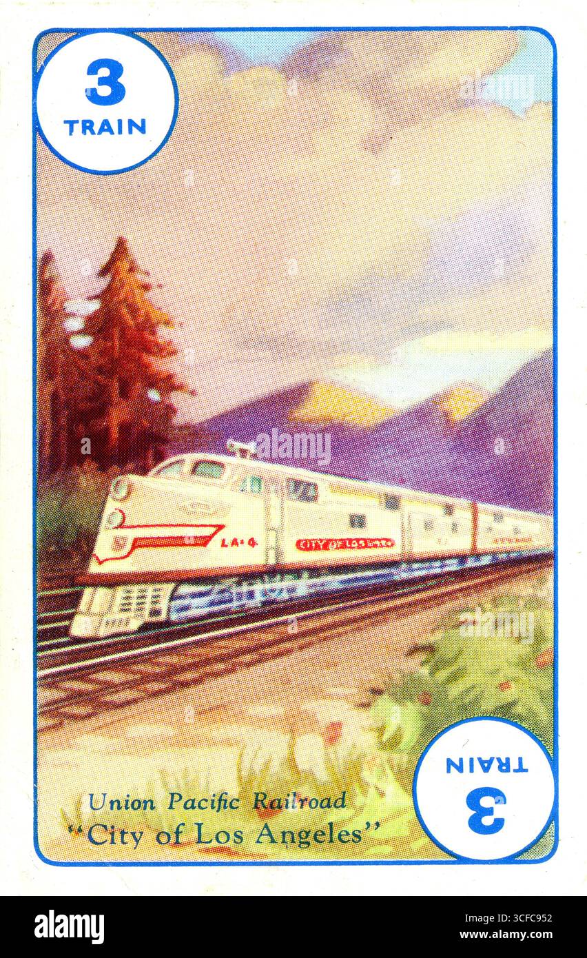 Eine Spielkarte aus dem Spiel „Speed“, das 1954 von Castell Brothers Ltd., London, als Teil ihrer „Pepys“-Serie veröffentlicht wurde. Die Karte trägt den Titel „Union Pacific Railroad – City of Los Angeles“ und zeigt die City of Los Angeles, einen stromlinienförmigen Personenzug, der zwischen Chicago, Illinois, und Los Angeles, Kalifornien, verkehrte. Der Dienst der City of Los Angeles begann 1936 mit dem dieselbetriebenen Streamliner M-10002. Stockfoto