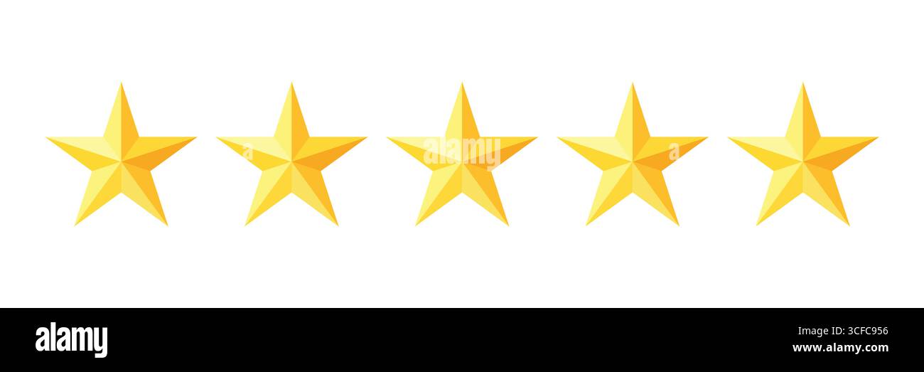 Fünf Sterne Bewertung Golden Review Symbol. Sternsymbol. 5 Sterne. Realistischer goldener Stern gesetzt moderner Vektor. Feedback-Konzept Stock Vektor