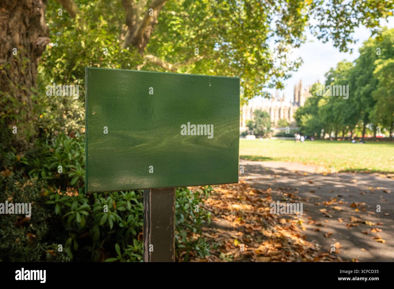 Leeres grünes Schild im herbstlichen Park mit Platz für Kopien Stockfoto