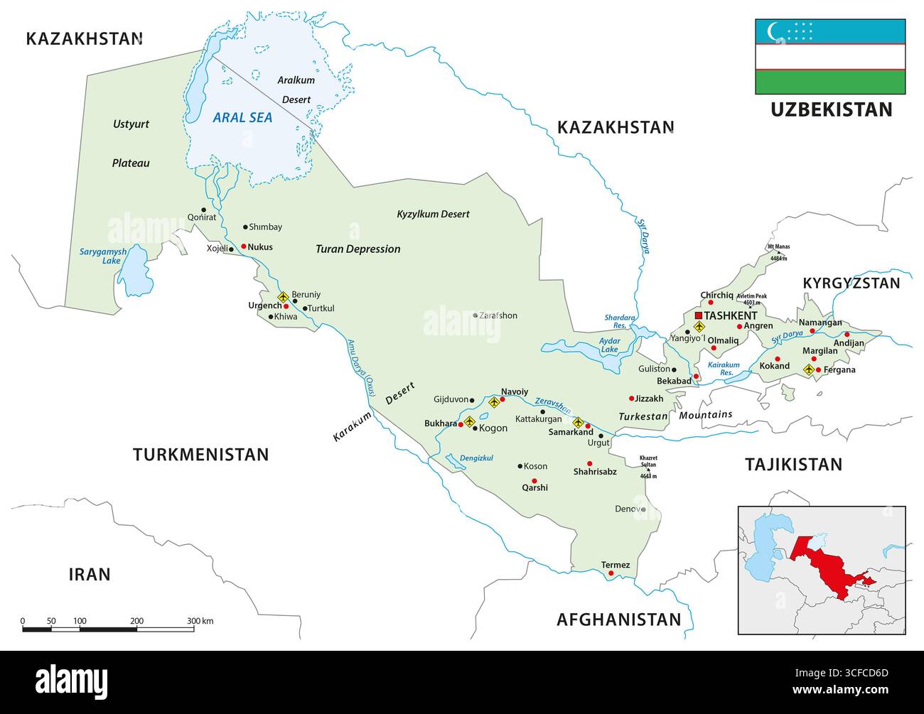 Karte des zentralasiatischen Staates Usbekistan Stockfoto