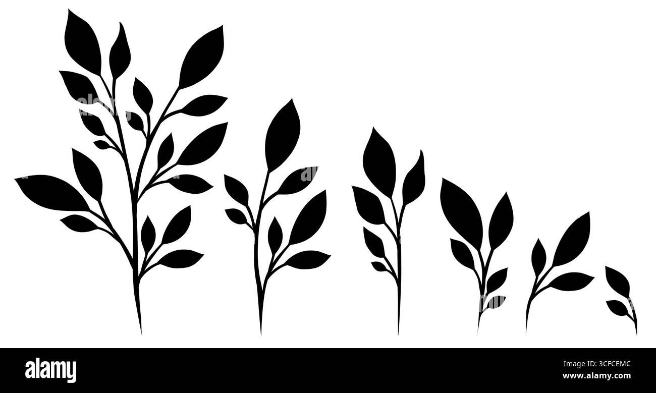 Vektorillustration monochromer Pflanzen. Die schwarze Silhouette der Zweige symbolisiert Ökologie, Natur, organisches Wachstum und Nachhaltigkeit Stock Vektor