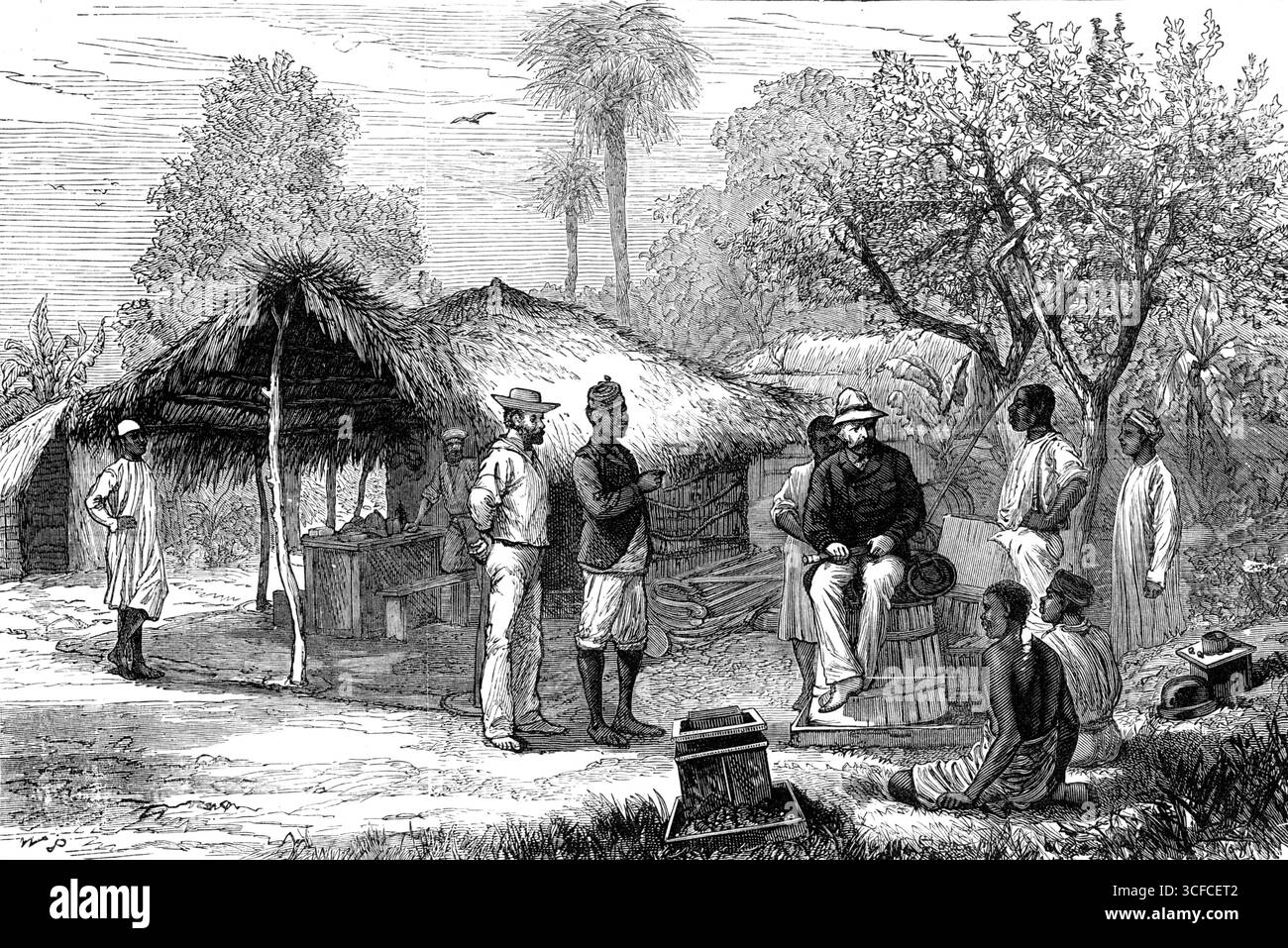 Der Sklavenhandel an der Ostküste Afrikas, nach Skizzen unseres besonderen Künstlers, Mr. J. Bell: Depot of Stores for Boats of H.M.S. London, in Funzi, Pemba, 1881. Die London ist ein altes hölzernes Schlachtschiff, das in ein stationäres Lagerschiff umgebaut wurde; sie war früher ein Dampfer, aber ihre Motoren, Kessel und Schrauben wurden entfernt. Sie kam 1873 in Sansibar an, mit einer speziellen Ausrüstung von Dampfbooten, um auf diesen Gewässern [auf der Suche nach Sklavenschiffen] zu fahren. An Bord der London befindet sich eine Dampffabrik, um die notwendigen Reparaturen an diesen Booten durchzuführen, und das Schiff bietet eine ausgezeichnete Krankenhausunterkunft Stockfoto