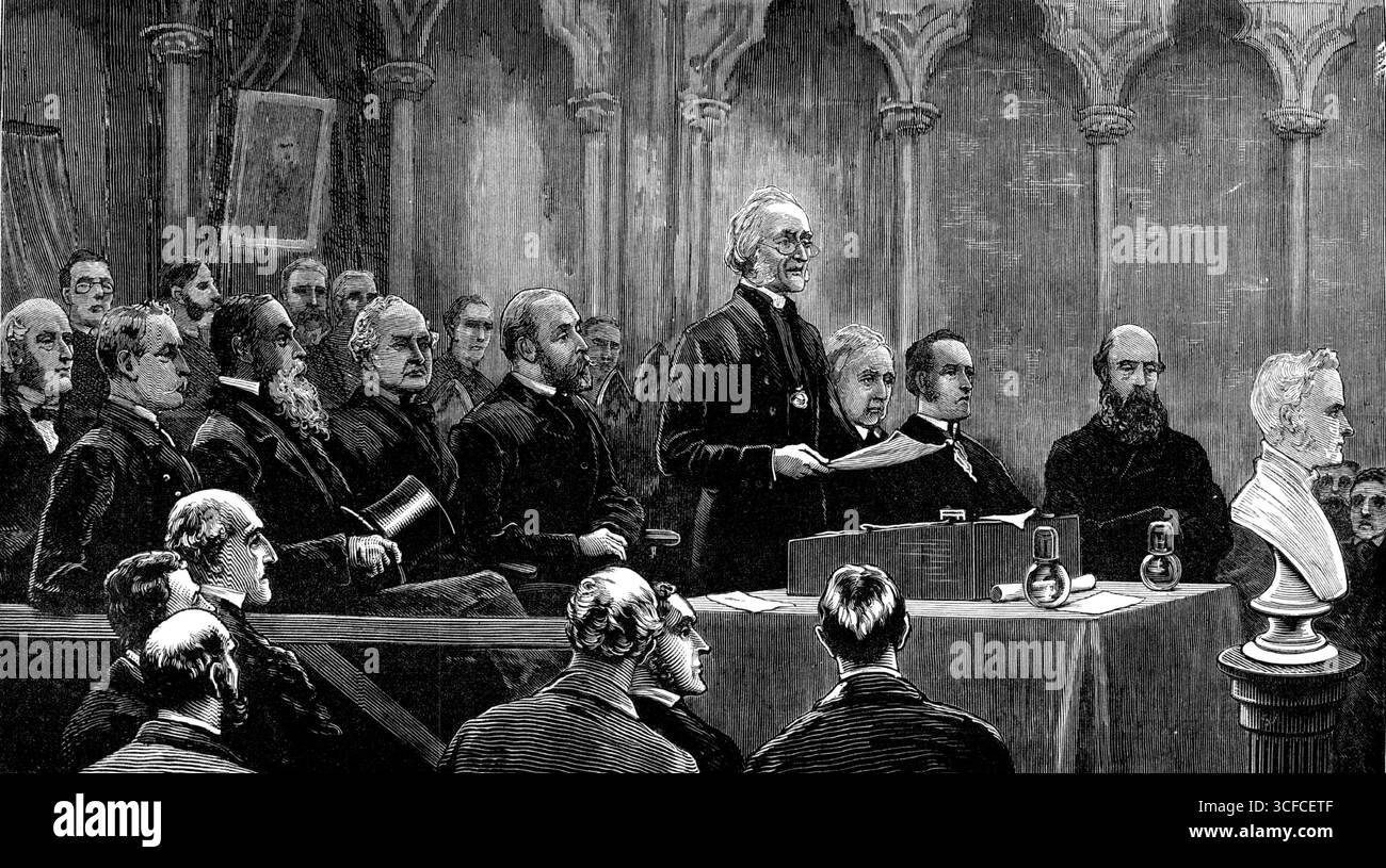 Dean Stanley Memorial Meeting im Chapter House, Westminster Abbey, 1881. „Das Treffen am Dienstag in der Woche im Kapitelhaus der Westminster Abbey, bei dem der Prinz von Wales der führende Redner war, um dem Ausdruck der öffentlichen Wertschätzung und des Bedauerns nach dem Tod des verstorbenen Dekans eine dauerhafte Form zu verleihen, ist Gegenstand einer unserer Illustrationen. Der neue Dekan, der sehr Reverend Dr. Bradley, hatte den Vorsitz bei diesem Treffen und wurde zu seiner Rechten von seiner Königlichen Hoheit dem Prinzen von Wales, Earl Granville, Mr. J. R. Lowell (der amerikanische Minister) und dem Marquis of Lorne unterstützt; zu seiner Linken vom Stockfoto