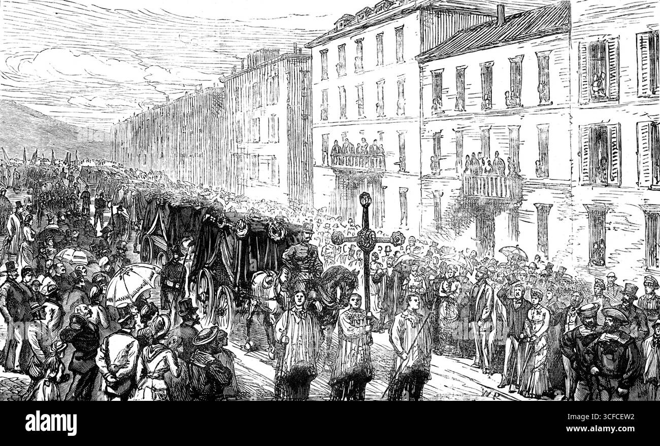 Die Katastrophe in Nizza: Beerdigung durch die Rue Cassini, 1881. Blick auf die "öffentliche Trauerprozession, bei der ein Teil der Toten auf den Friedhof gebracht wurde... Eine schreckliche Katastrophe, die fast hundert Menschenleben gefordert hat, fand am Mittwochabend der vergangenen Woche in Nizza statt". Aus Illustrated London News, 1881. Stockfoto
